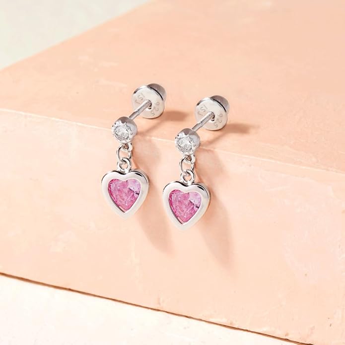 925 Sterling Silver Dangle Cubic Zirconia Heart Safety Screw Back Earrings For Young Girls -Heart Dangle Earrings With Security Backs For Young Children