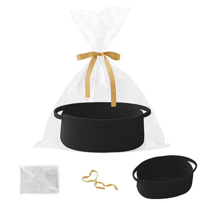 Gift Basket with Gift Bag and Ribbons,Small Rope Woven Shelf Storage,Baskets for Gifts Empty,Birthday,Shower,Decorative Organizer Box for Cat Dog Pet with Handles(Black)