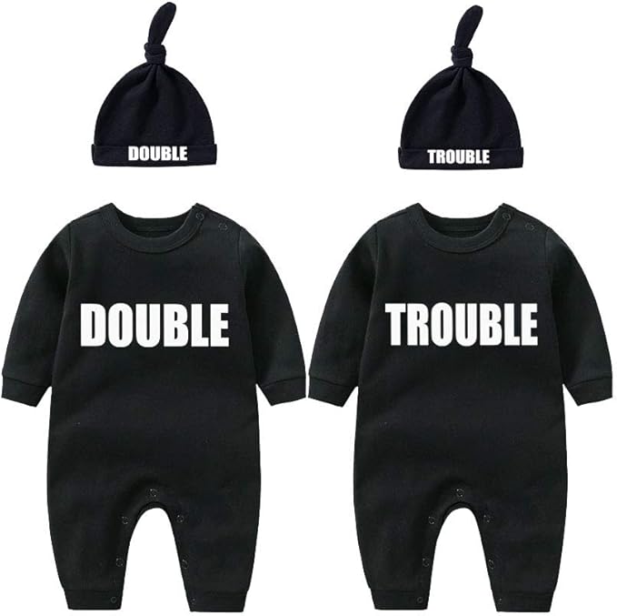 YSCULBUTOL Baby Twins Bodysuits Funny Double Trouble Cute Girl Romper Twin Jumpsuits Hat Set