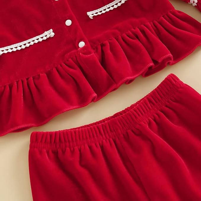 Toddler Kids Baby Girl Solid Pjs Ruffle Long Sleeve Button Shirt Top and Pants Cotton 2Piece Pajamas Set