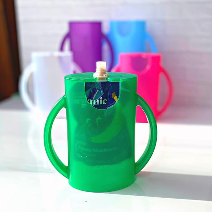 Original Squeeze Proof Flipping Holder with Open Bottom for Food Pouches & Juice Boxes - Multipurpose - Prevent Messes & Support Self-Feeding - Easy Grasping Handles - Made in USA