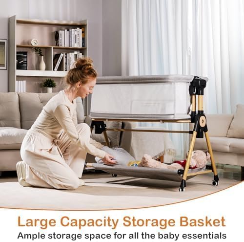 3 in 1 Baby Bassinet,Bedside/Rocking Bassinet for Baby,Bedside Crib with Lockable Wheels,Waterproof Mattress,Adjustable 6 Heights,Portable Bassinets Bedside Sleeper for Newborn Infant