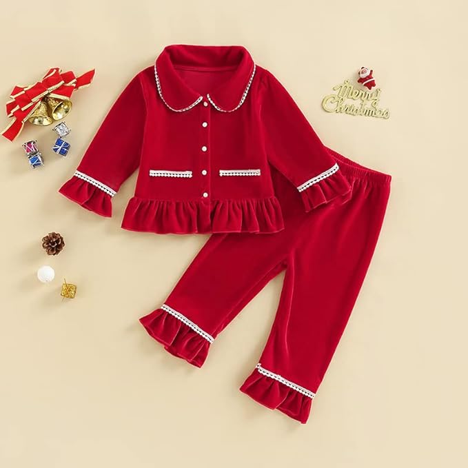 Toddler Kids Baby Girl Solid Pjs Ruffle Long Sleeve Button Shirt Top and Pants Cotton 2Piece Pajamas Set