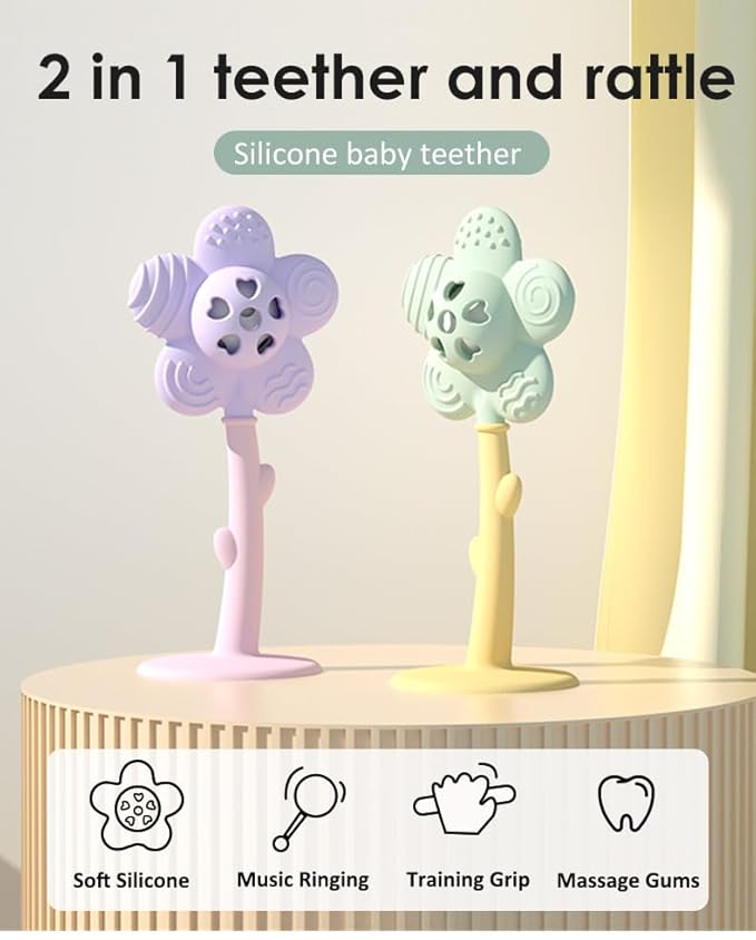 Generic 2 in 1 Sunflower Teether and Rattle Toy for Babies, 0-36 Months, BPA Free (Green)