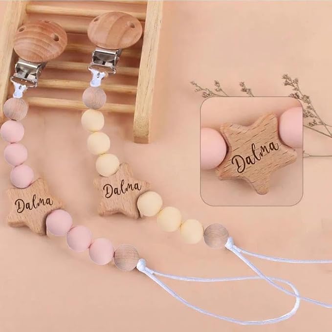 Personalized Pacifier Clip with Name, Engraved Wood Star Pacifier Clip Gift for Boys Girls(Star)
