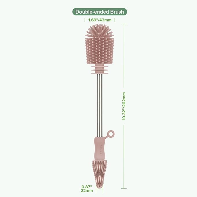 haakaa Cleaning Brush Silicone Bottle Brush Double-Ended Soft Silicone Bristles for Breast Pumps, Breast Milk Collectors, Baby Bottles, Teats, Breastmilk Storage Bags, Detachable - Pink -1pk