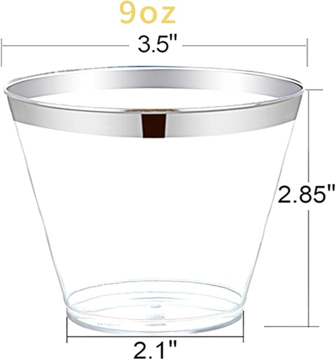 WDF 60 PACK Sliver Plastic Cups Disposable - 9 Oz Clear Plastic Cups with Silver Rim, Premium Disposable Party Cup for Christmas, Holiday Gathering, Wedding, Party