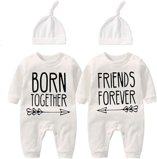 YSCULBUTOL Baby Twins Bodysuit Born Together Friends Forever Newborn Clothes Unisex Twin Outfits With Hat