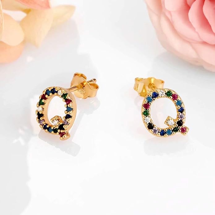 Memorjew Initial Stud Earrings for Women, Hypoallergenic 925 Sterling Silver Post Rainbow Cubic Zirconia Gold Plated 26 Initial Earrings for Women Jewelry Gifts