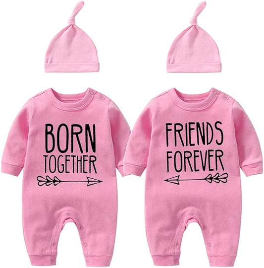 YSCULBUTOL Baby Twins Bodysuit Born Together Friends Forever Newborn Clothes Unisex Twin Outfits With Hat