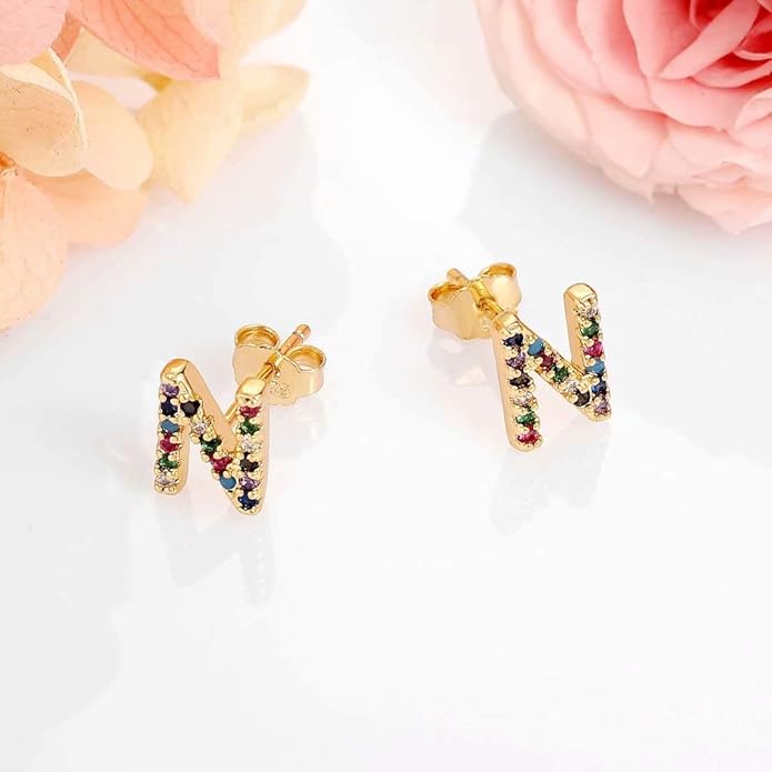 Memorjew Initial Stud Earrings for Women, Hypoallergenic 925 Sterling Silver Post Rainbow Cubic Zirconia Gold Plated 26 Initial Earrings for Women Jewelry Gifts