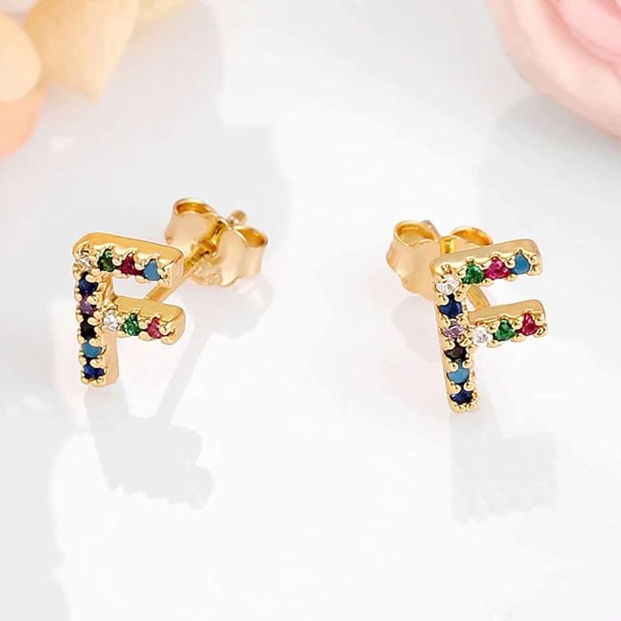 Memorjew Initial Stud Earrings for Women, Hypoallergenic 925 Sterling Silver Post Rainbow Cubic Zirconia Gold Plated 26 Initial Earrings for Women Jewelry Gifts