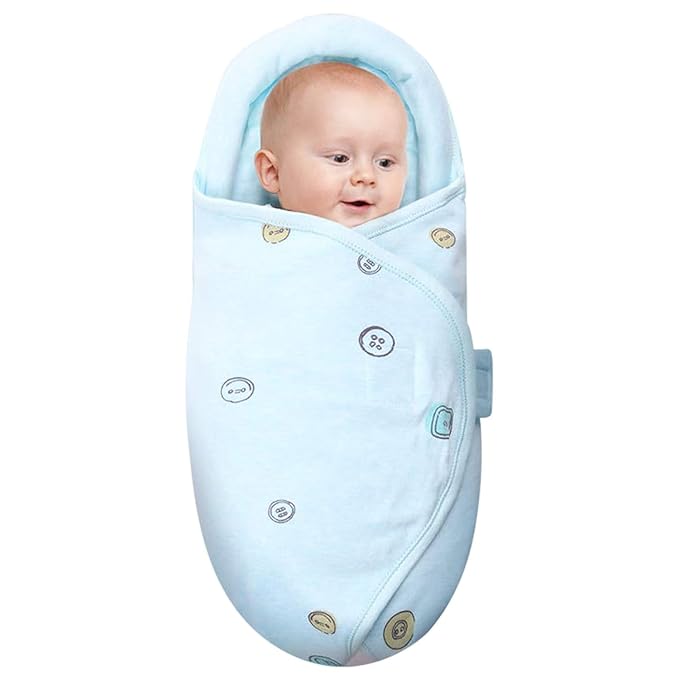 Organic Cotton Baby Swaddle Blankets, Unisex Baby Blanket Wrap for Newborn Baby Boys Girls, Skin Friendly Wearable Swaddling Sleep Sack Calms Startle Reflex (Button, Blue, 0-3 Months)