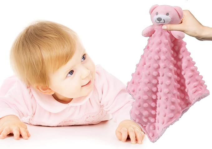 CREVENT Soft Plush Animal Face Security Blankets for Boys and Girls, Great Gifts for Birthday Baby Shower (Pink Bear + Tag)