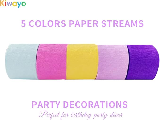 Pink Blue Purple Crepe Paper Streamers Birthday Party Decorations (5 Rolls)- Hot Pink Teal Yellow Purple Multicolor Paper Crafts for Baby Shower, Wedding, Magic Rainbow Colorful Party Supplies Decor