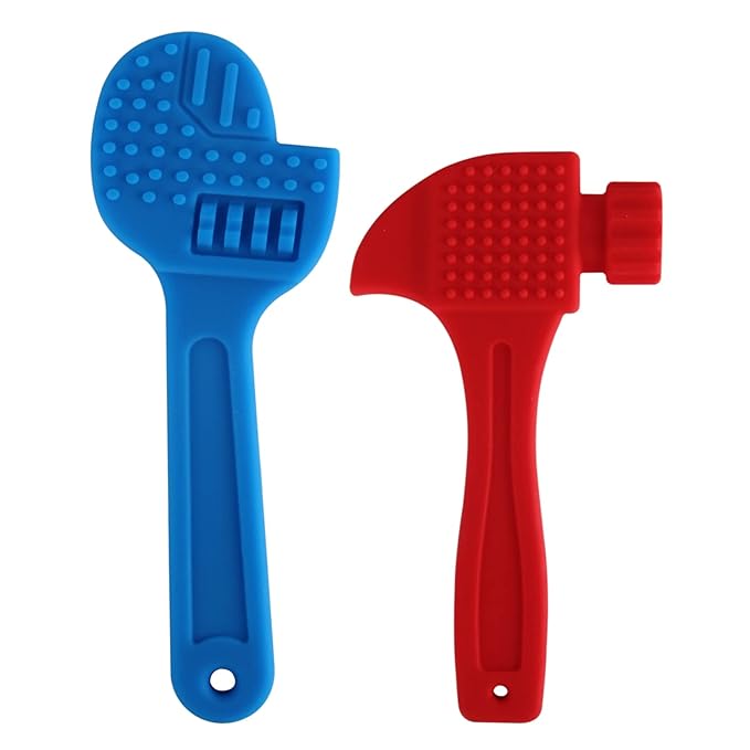 Fu Store 2 Pack Soft Silicone Teething Toys for 0-12 Months 6-24 Months Toddlers Infant Hammer Spanner Tools Shape Baby Teethers Relief Soothe Babies Gums Set