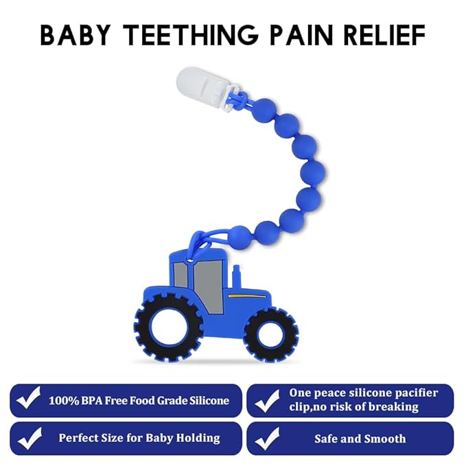 Baby Food Grade Silicone Tractor Truck Teether Toy with One Piece Design Pacifier Clip Holder,Teething Pain Relief Toys Gift Set for 3 Months+ Boys and Girls,Freezer Safe,BPA Free. (Blue)