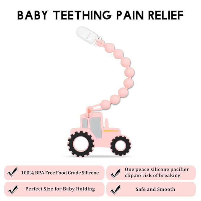 Baby Food Grade Silicone Tractor Truck Teether Toy with One Piece Design Pacifier Clip Holder,Teething Pain Relief Toys Gift Set for 3 Months+ Boys and Girls,Freezer Safe,BPA Free. (Pink)