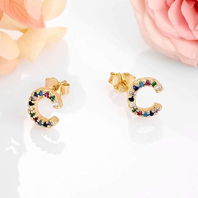 Memorjew Initial Stud Earrings for Women, Hypoallergenic 925 Sterling Silver Post Rainbow Cubic Zirconia Gold Plated 26 Initial Earrings for Women Jewelry Gifts