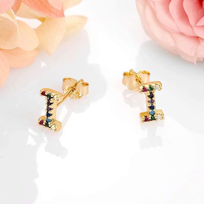 Memorjew Initial Stud Earrings for Women, Hypoallergenic 925 Sterling Silver Post Rainbow Cubic Zirconia Gold Plated 26 Initial Earrings for Women Jewelry Gifts