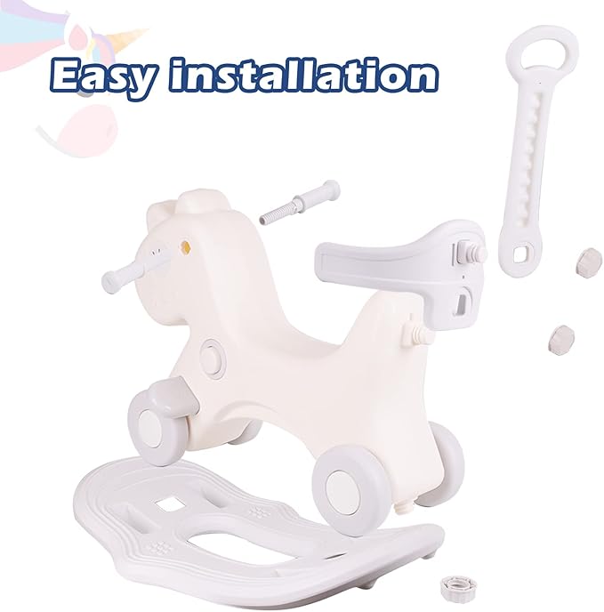 4 in 1 Rocking Horse for Toddlers 1-3 Years Old, Baby Rocking Toy Fun Birthday Gift for 1+ Kids, Ride on Toy with Detachable Balance Board and Footrest,Balance Bike with Push Handle,White