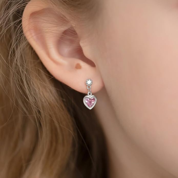 925 Sterling Silver Dangle Cubic Zirconia Heart Safety Screw Back Earrings For Young Girls -Heart Dangle Earrings With Security Backs For Young Children