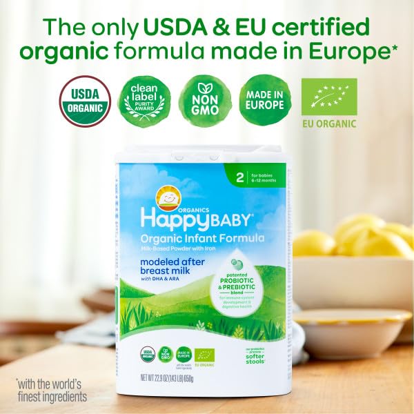 Happy Baby Organics Stage 2 Infant Formula, 6 12 Months, Milk Based Organic Baby Formula Powder with Iron, Probiotics & Prebiotics for Immune & Digestive Support, 22.9 Ounce (Pack of 2)