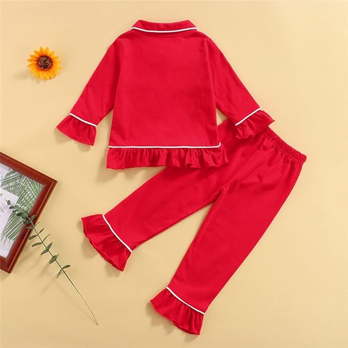 Toddler Kids Baby Girl Solid Pjs Ruffle Long Sleeve Button Shirt Top and Pants Cotton 2Piece Pajamas Set