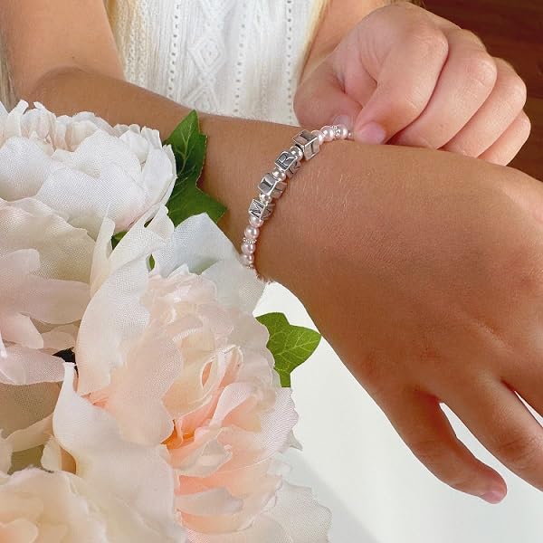 Sterling Silver Initial Bracelet, Silver Beads and Alphabet letters with your Name, Birthday Girl Bracelets for Girls Baptism Gifts, Personalized Birthday Gifts