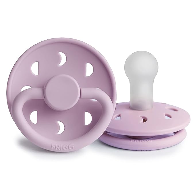 FRIGG Moon Natural Rubber Baby Pacifier | Made in Denmark | BPA-Free (Soft Lilac/Daffodil, 0-6 Months) 2-Pack