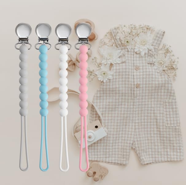 Pacifier Clips for Boys Girls - MORIBOX 4 Pack Paci Clip Soothe Baby Binky Holder for Shower Birthday Gift