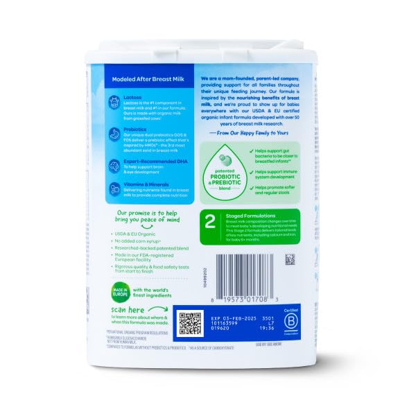 Happy Baby Organics Stage 2 Infant Formula, 6 12 Months, Milk Based Organic Baby Formula Powder with Iron, Probiotics & Prebiotics for Immune & Digestive Support, 22.9 Ounce (Pack of 1)