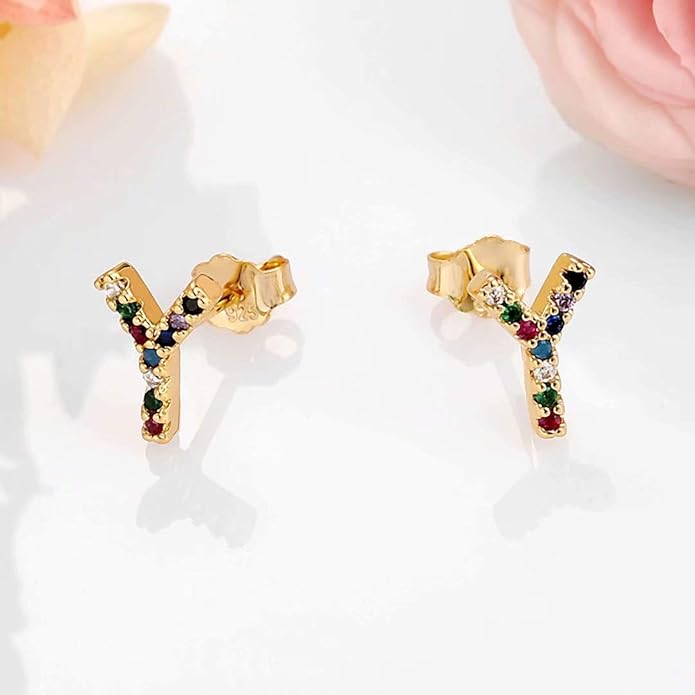 Memorjew Initial Stud Earrings for Women, Hypoallergenic 925 Sterling Silver Post Rainbow Cubic Zirconia Gold Plated 26 Initial Earrings for Women Jewelry Gifts