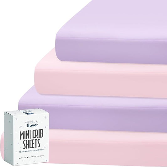Magik & Kover Mini Crib Sheets Girl 4 Pack, Baby Crib Sheet for Mini Crib Mattress and Playard Mattress, Soft Breathable Fitted Baby Crib Sheets Set for Girls, Pink & Violet