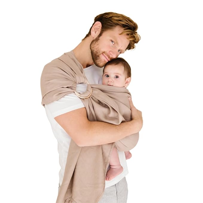 WildBird - Ring Sling Baby Carrier - Newborn to Up to 35 lbs - for Moms, Dads & Caregivers - 100% Natural Belgian Linen Fibers - Versatile & Adjustable - 90” Size - Desert Lark Fabric & Bronze Ring