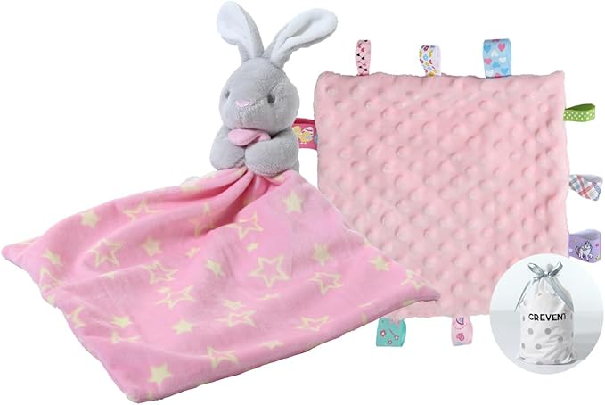 CREVENT Soft Plush Animal Face Security Blankets for Boys and Girls, Great Gifts for Birthday Baby Shower (Hugging Bunny + Tag)