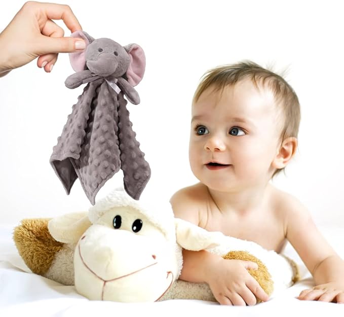CREVENT Cozy Plush Baby Security Blanket Loveys for Baby Boys and Girls, Minky Dot Front + Sherpa Backing with Animal Face (Grey Elephant)