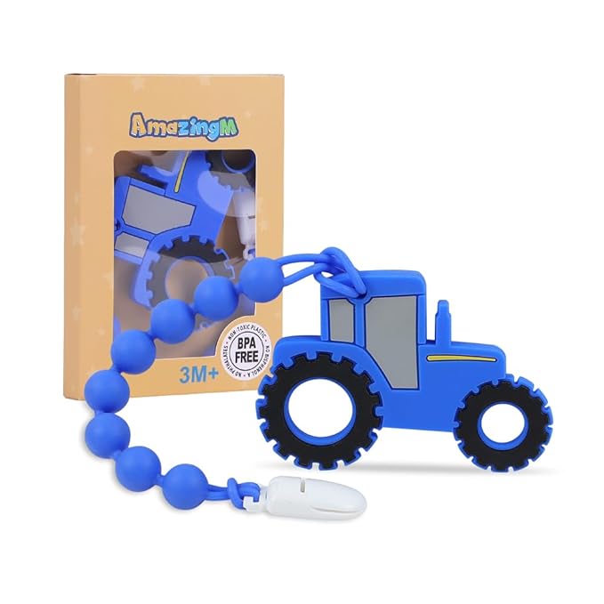 Baby Food Grade Silicone Tractor Truck Teether Toy with One Piece Design Pacifier Clip Holder,Teething Pain Relief Toys Gift Set for 3 Months+ Boys and Girls,Freezer Safe,BPA Free. (Blue)