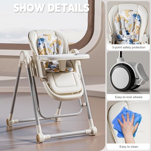 Baby High Chair,High Chairs for Babies and Toddlers,Adjustable 2-in-1 Baby High Chair,Portable Highchair for 1+ Years/Detachable PU Cushion/Locking Wheels KKK