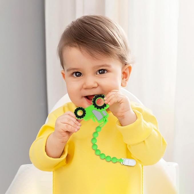 Baby Food Grade Silicone Tractor Truck Teether Toy with One Piece Design Pacifier Clip Holder,Teething Pain Relief Toys Gift Set for 3 Months+ Boys and Girls,Freezer Safe,BPA Free. (Green)