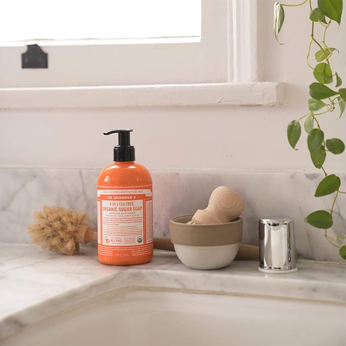 Dr. Bronner's - Organic Sugar Soap (Tea Tree, 64 Ounce) - Made with Organic Oils, Sugar and Shikakai Powder, 4-in-1 Uses: Hands, Body, Face and Hair, Cleanses, Moisturizes and Nourishes, Vegan