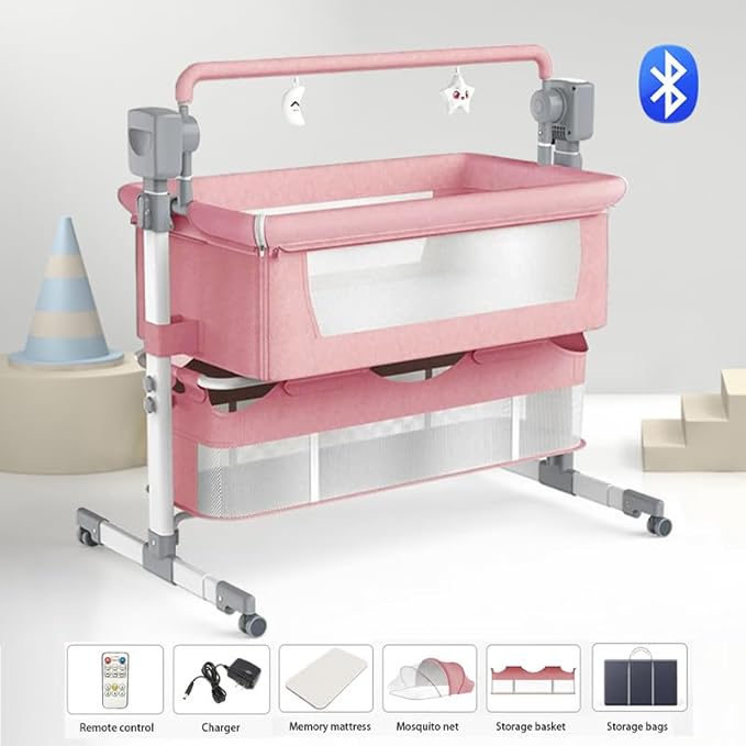 Electric Bluetooth Smart Next to Me Crib, Bassinet Cradle with Lullaby Music, Baby Bedside Crib for Newborn, Baby Co-Sleeper Cot with Mattress, Remote and 5 Swaying Gears (MG601-Pink)