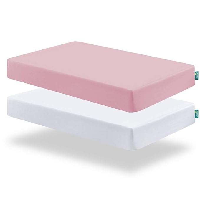 Biloban Crib Sheets Fitted, 2 Pack Crib Sheet Fits for Standard Crib Mattress, Neutral Toddler Bed Sheets Girl, White & Pink, 52”X 28”