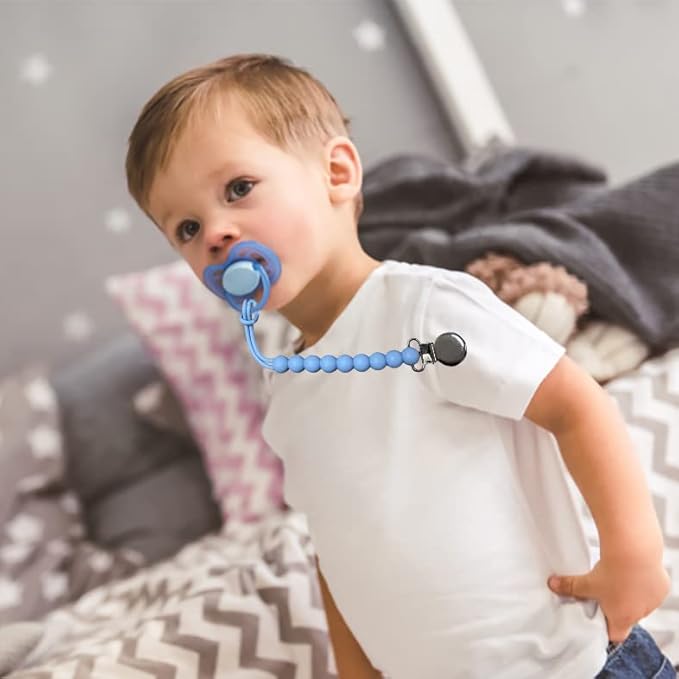Pacifier Clip for Boys Girls - MORIBOX 4 Pack Paci Clip Soothie Baby Binky Holder for Shower Gift Birthday (Beige+Dbeige+Blue+Sage)