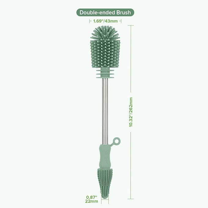 haakaa Cleaning Brush Silicone Bottle Brush Double-Ended Soft Silicone Bristles for Breast Pumps, Breast Milk Collectors, Baby Bottles, Teats, Breastmilk Storage Bags, Detachable - Pea Green-1pk