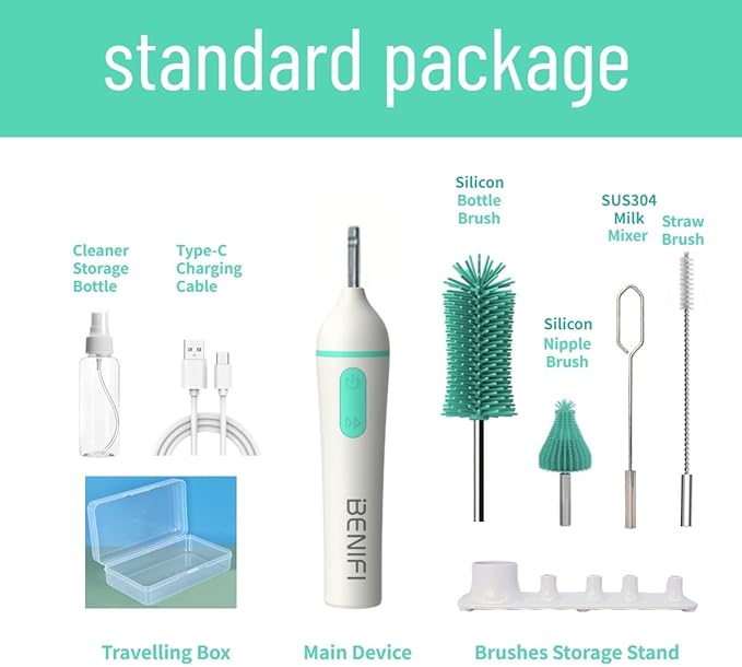 Travelling Electric Bottle Brush Cleaner, Baby Bottle Brush Set, Fully Water -Proof Bottle Brush, Long Handle Brush, BPA Free Silicon Brush Heads, Drying Stand, Milk Mixer, Egg Whisk Included