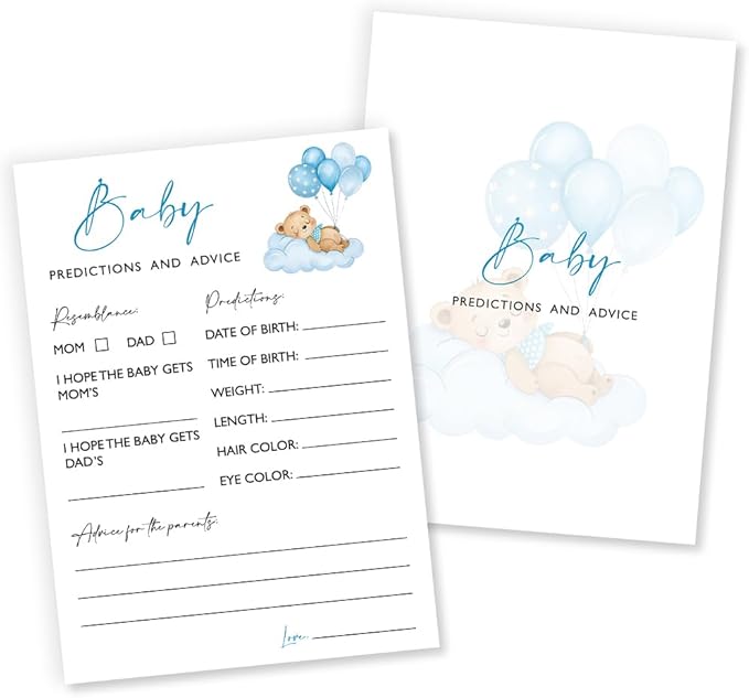 Baby Predictions & Advice Baby Shower Games, 25 Double-Sided Blue Bear Games for Boys, Interactive Party Supplies - B04