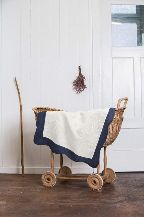 MONOBLANKS Baby Quilt Personlized Monogram Lightweight Embossed Scalloped Throw Blanket Four Seasons (White-Navy Trim)