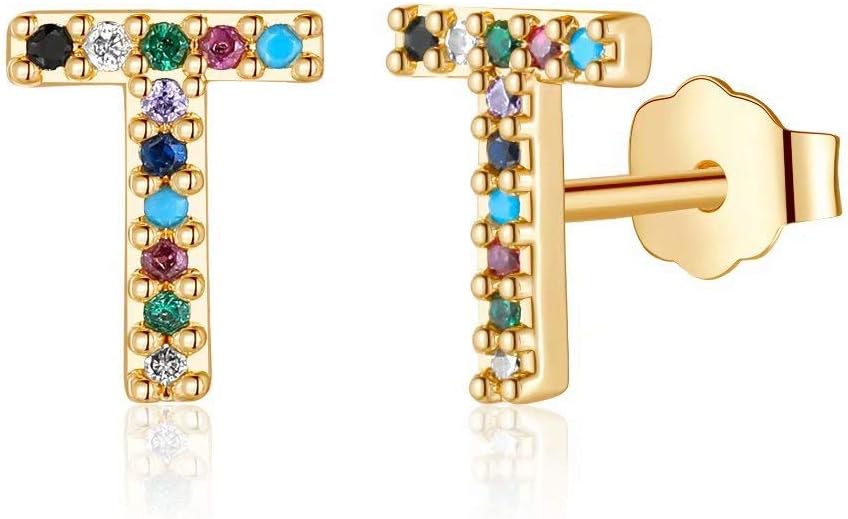 Memorjew Initial Stud Earrings for Women, Hypoallergenic 925 Sterling Silver Post Rainbow Cubic Zirconia Gold Plated 26 Initial Earrings for Women Jewelry Gifts