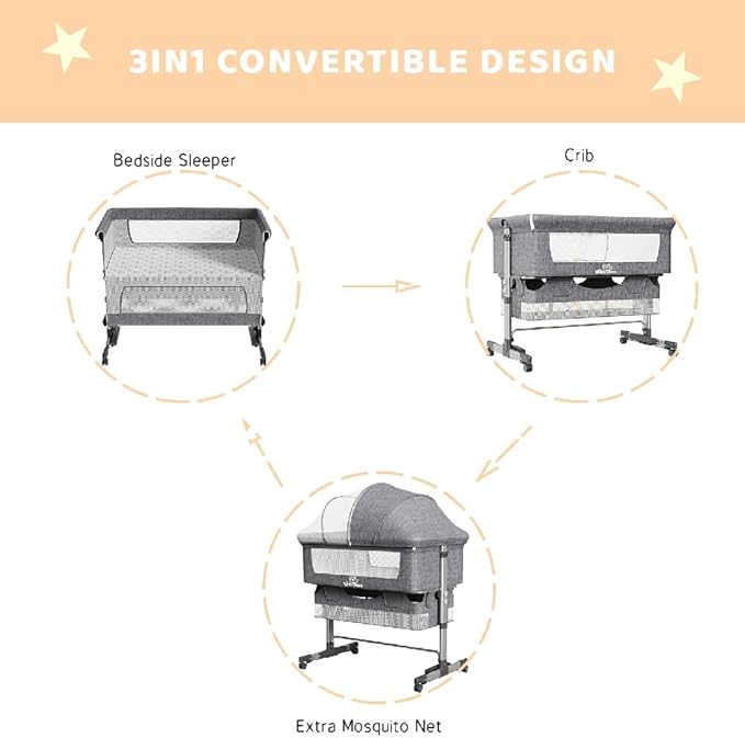 Baby Bassinets Bedside Sleeper, 3 in 1 Baby Bassinet, Adjustable Easy Folding Portable Bed, with Mosquito Nets, Large Storage Bag, Comfortable Mattresses, for Infant/Baby/Newborn (Gray)